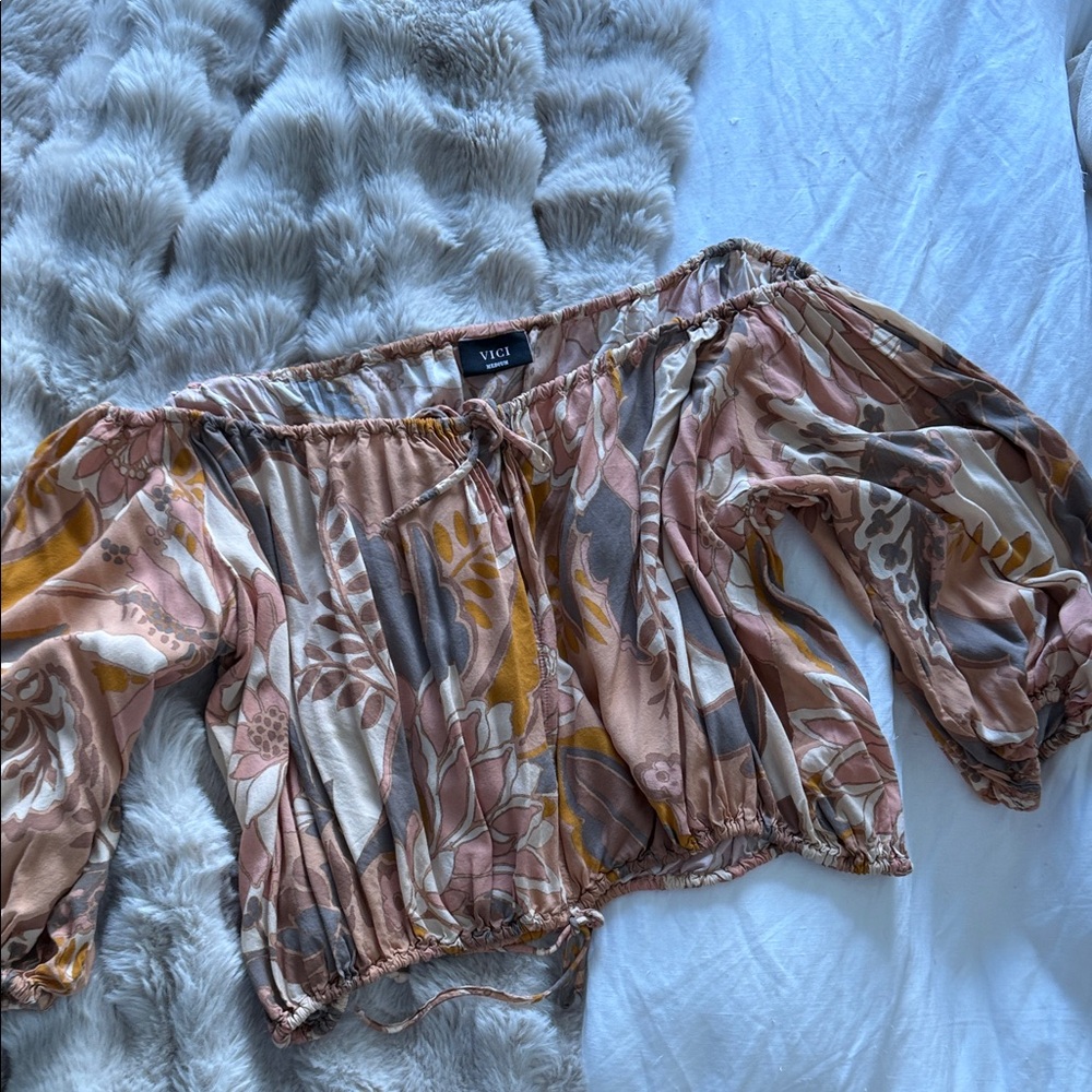 Vici Autumn Floral Off-Shoulder Blouse - Brown and Yellow